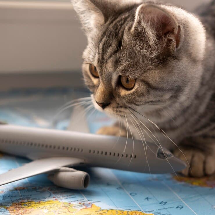 gato cartujo mirando un avión encima de un mapa de papel sorprendido