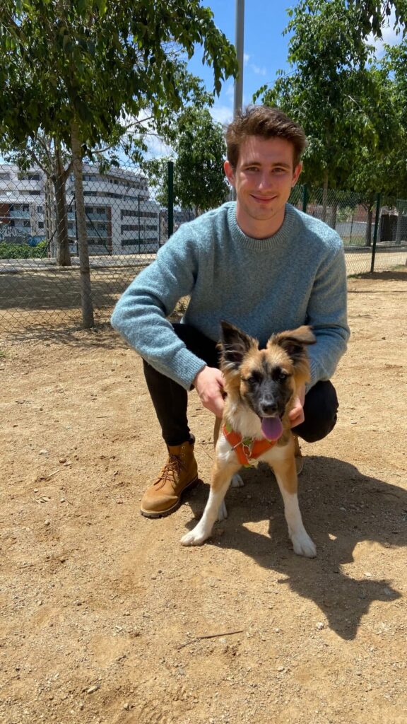 Dimanimales sonriendo al estar al cuidado de un cachorro de seis meses 