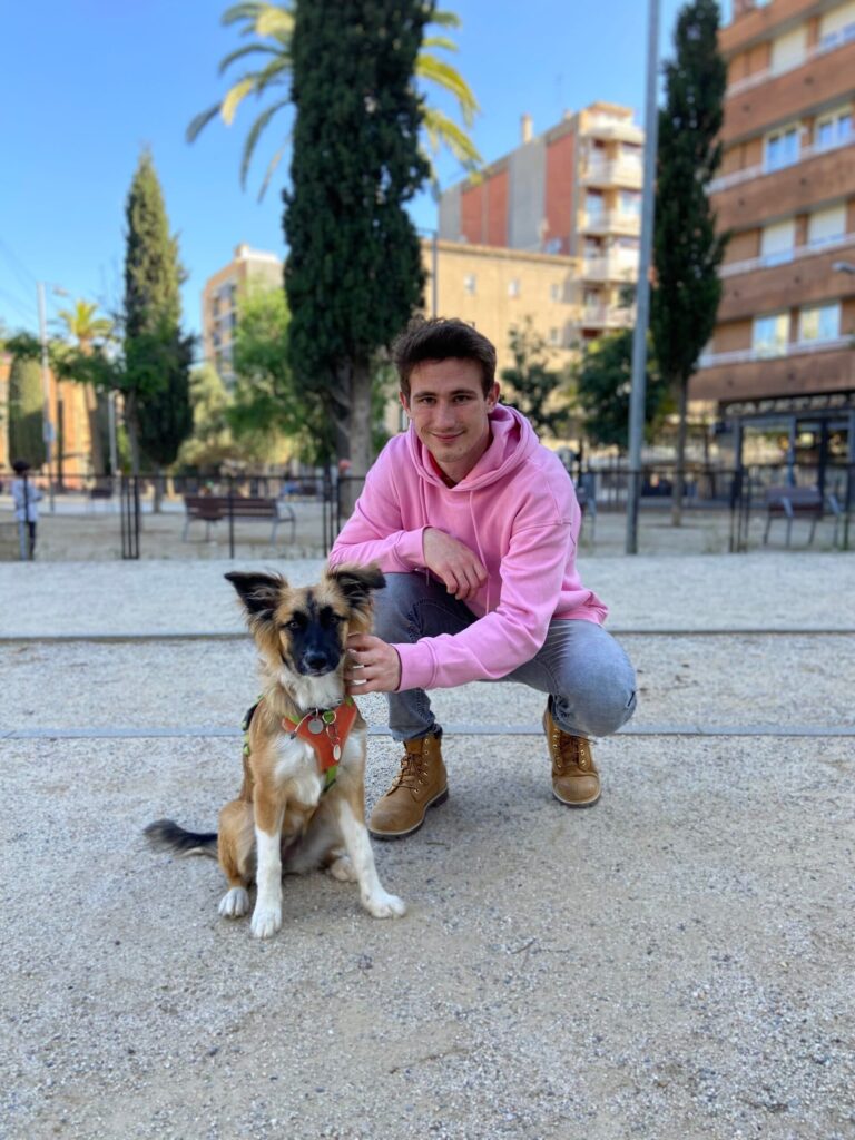 Dimanimales  con sudadera rosa acariciando a un cachorro de seis meses que le han dado la oportunidad de cuidar como paseador de perros 